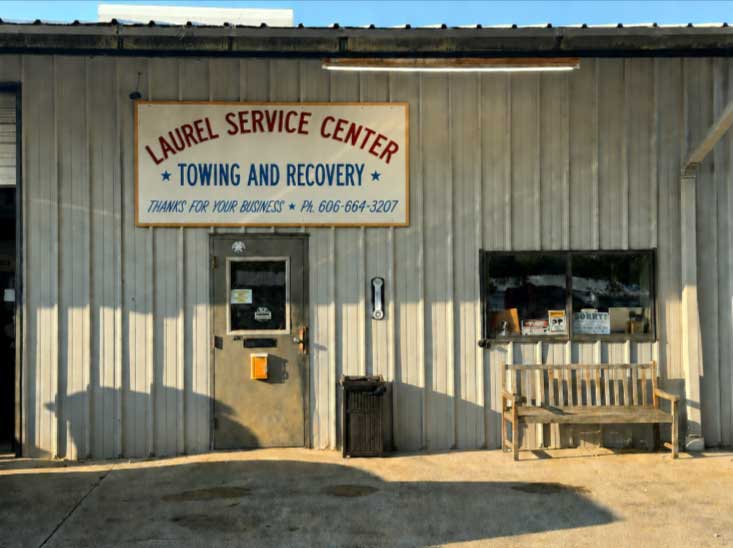 Front entrance of the Laurel Service Center towing and repair shop in London, KY